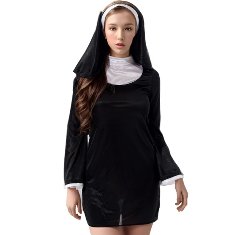 6402 Naughty Nun Costume Halloween Outfit High Neck Flare Sleeve Dress